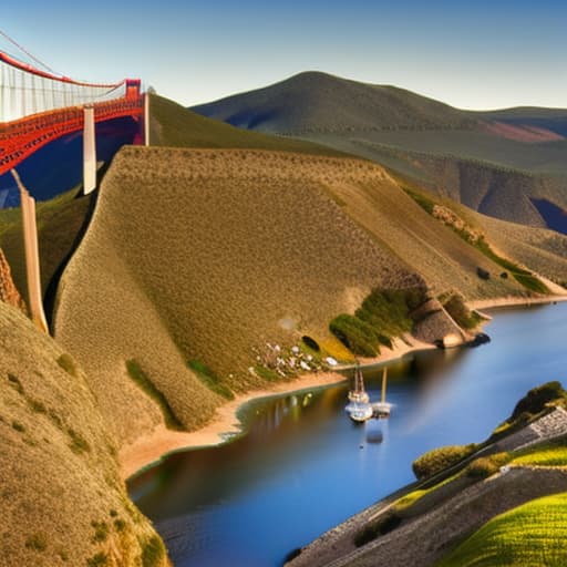  In the style of Studio Ghibli, a view of the Golden Gate Bridge hyperrealistic, full body, detailed clothing, highly detailed, cinematic lighting, stunningly beautiful, intricate, sharp focus, f/1. 8, 85mm, (centered image composition), (professionally color graded), ((bright soft diffused light)), volumetric fog, trending on instagram, trending on tumblr, HDR 4K, 8K