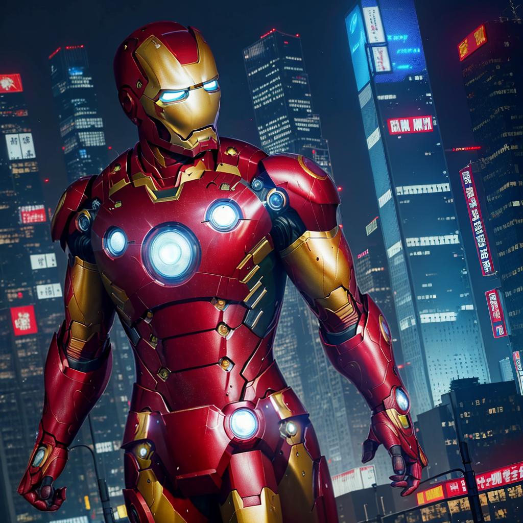  masterpiece, best quality, masterpiece, 8k resolution, realistic, highly detailed, Iron Man close-up. He stands on a street lined with tall buildings in a cyberpunk style city at night. The city's night lights are bright, and the surrounding buildings and streets are full of cyberpunk elements such as neon lights, high-tech equipment and futuristic architectural design.