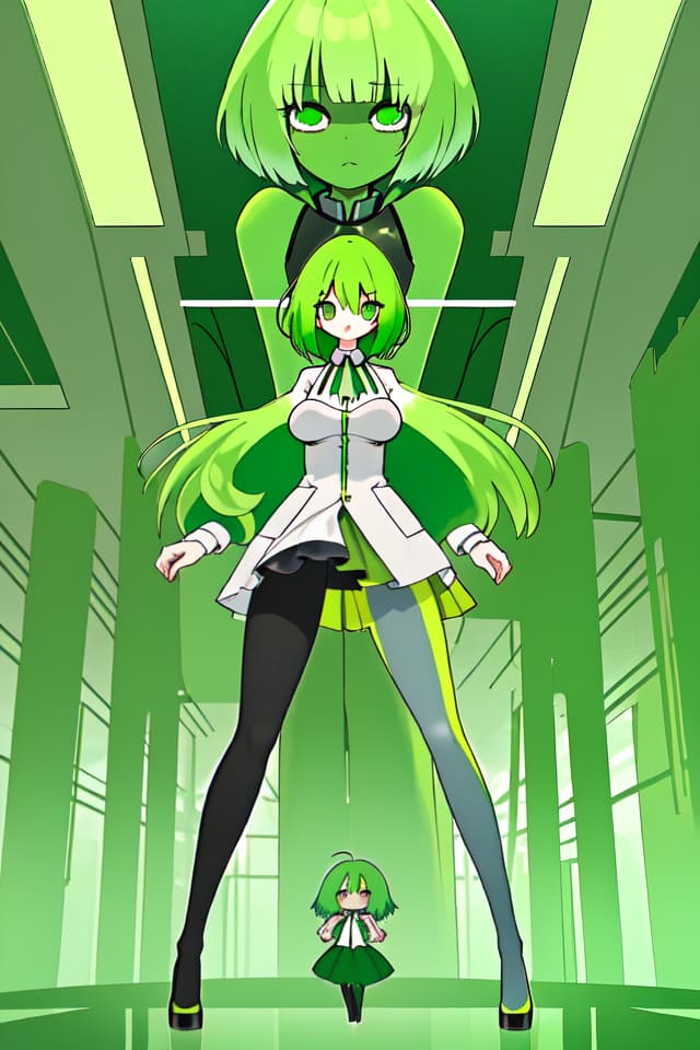  A huge green hair and a slender female giant with a huge green hair tights look into the front