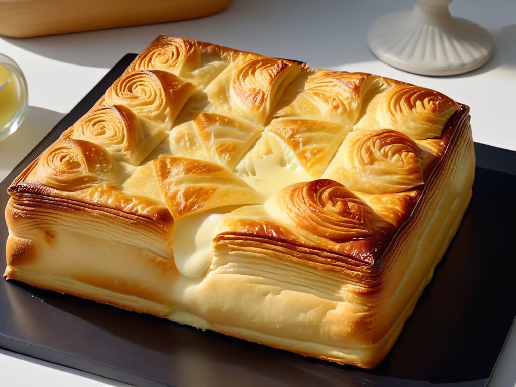  A closeup, ultradetailed image of a perfectly golden and flaky cheese puff pastry, with layers visibly separating and steam rising delicately from its stillwarm interior. The pastry sits on a sleek, matte black plate, exuding a buttery aroma that seems to waft off the screen. The lighting is soft, casting gentle shadows that highlight the intricate texture of the pastry, making every buttery crumb and hint of melted cheese visible in stunning clarity. hyperrealistic, full body, detailed clothing, highly detailed, cinematic lighting, stunningly beautiful, intricate, sharp focus, f/1. 8, 85mm, (centered image composition), (professionally color graded), ((bright soft diffused light)), volumetric fog, trending on instagram, trending on tumblr, HDR 4K, 8K