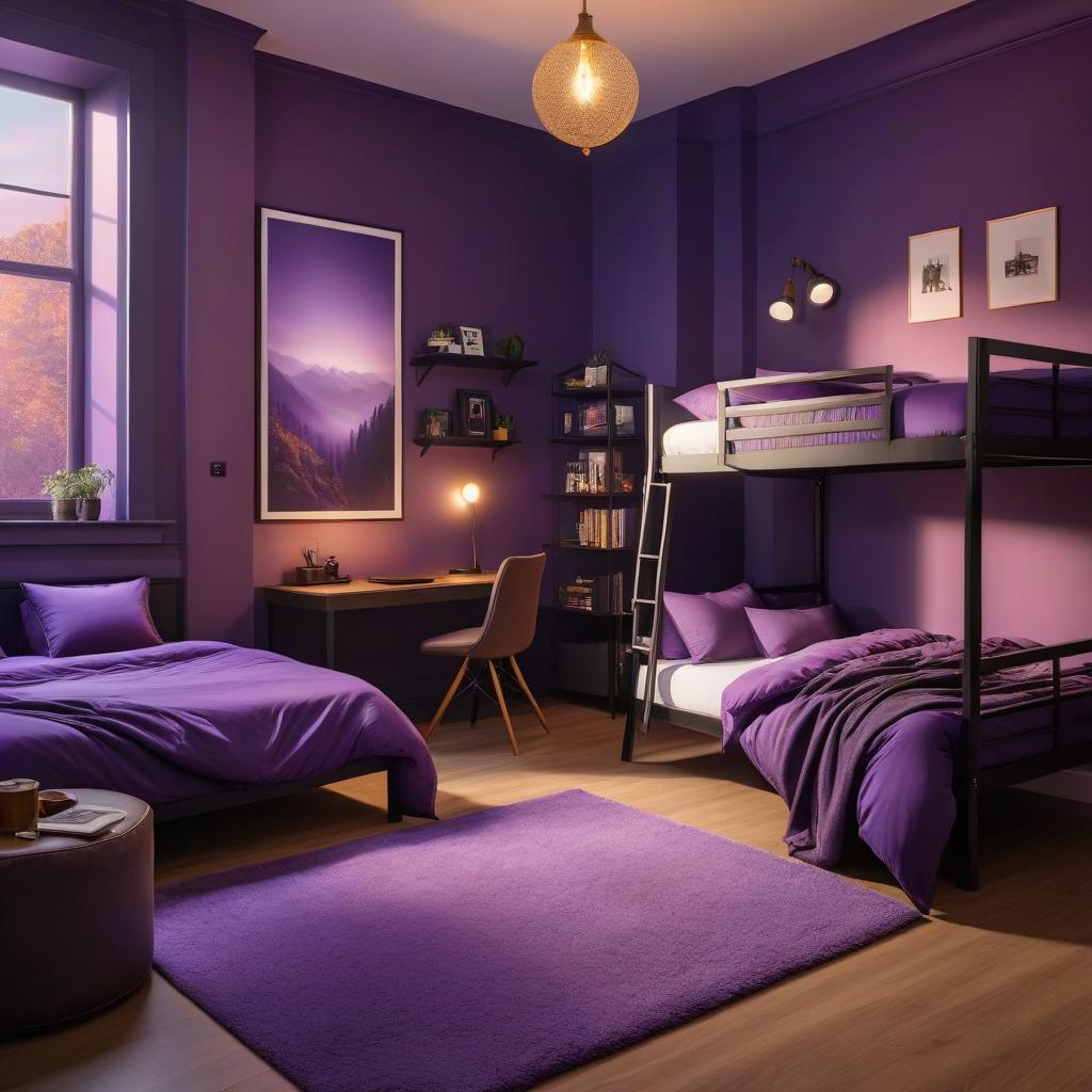  Interior for a dormitory room for three people. Warm toned walls. All in purple tones. For boys. hyperrealistic, full body, detailed clothing, highly detailed, cinematic lighting, stunningly beautiful, intricate, sharp focus, f/1. 8, 85mm, (centered image composition), (professionally color graded), ((bright soft diffused light)), volumetric fog, trending on instagram, trending on tumblr, HDR 4K, 8K