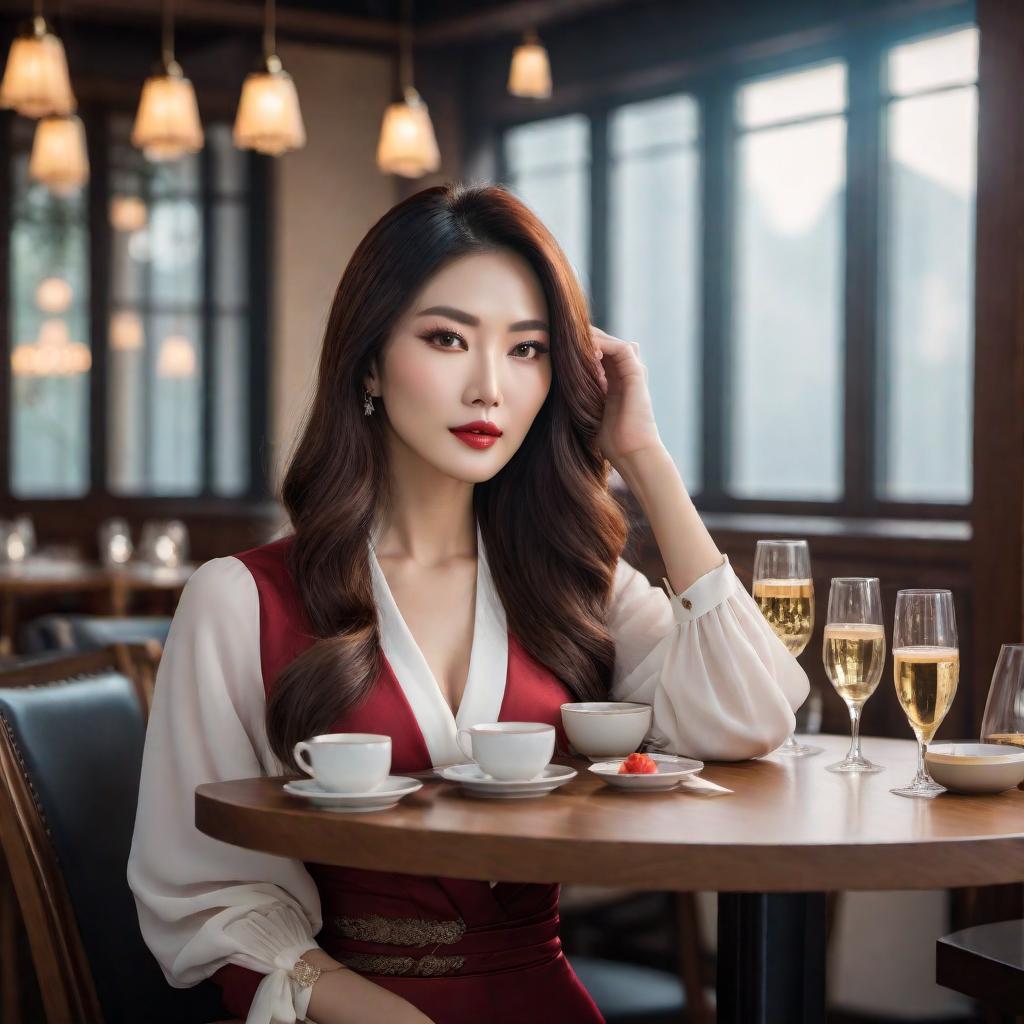  An Asian woman resembling the one in the attached photo. She has elegant features, long hair, and is wearing a fashionable outfit. The setting can be a stylish restaurant, focusing on her appearance and clothing. hyperrealistic, full body, detailed clothing, highly detailed, cinematic lighting, stunningly beautiful, intricate, sharp focus, f/1. 8, 85mm, (centered image composition), (professionally color graded), ((bright soft diffused light)), volumetric fog, trending on instagram, trending on tumblr, HDR 4K, 8K