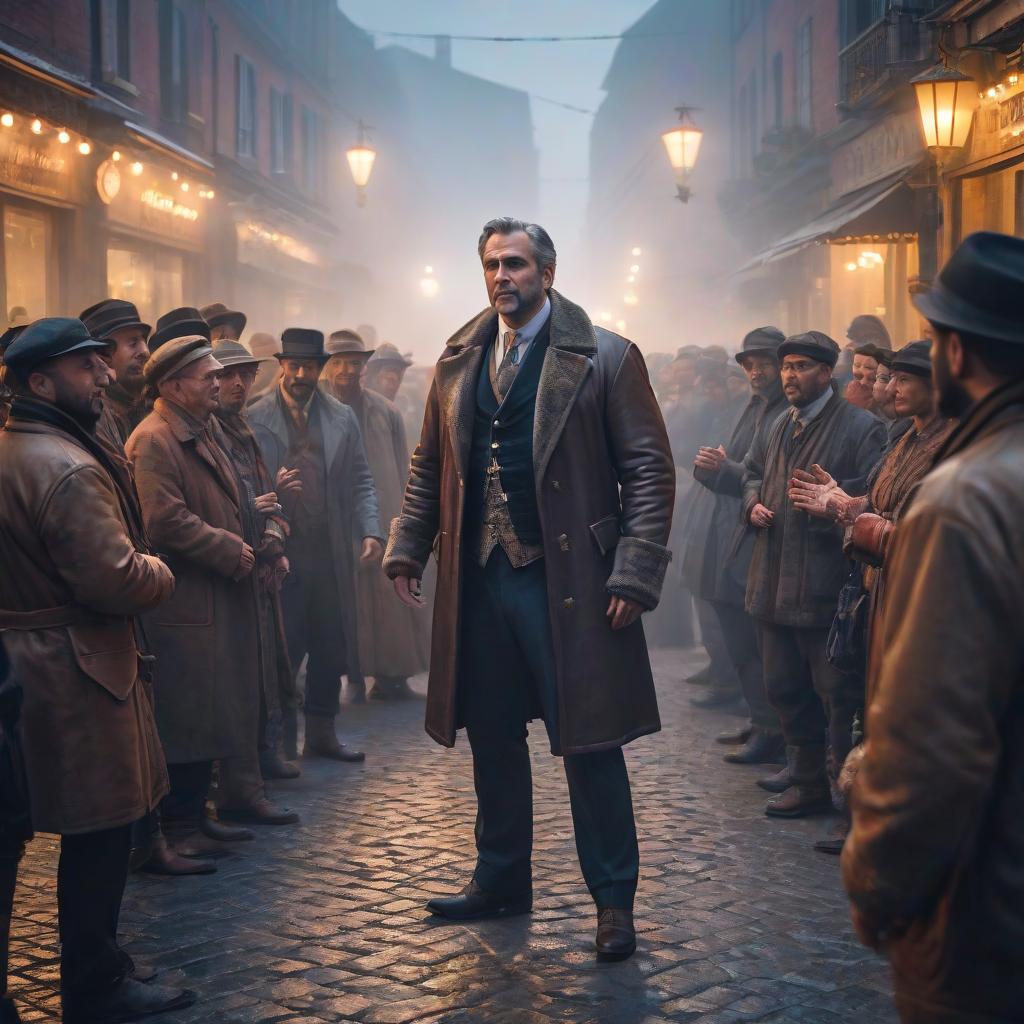  A man greets a group of people. hyperrealistic, full body, detailed clothing, highly detailed, cinematic lighting, stunningly beautiful, intricate, sharp focus, f/1. 8, 85mm, (centered image composition), (professionally color graded), ((bright soft diffused light)), volumetric fog, trending on instagram, trending on tumblr, HDR 4K, 8K