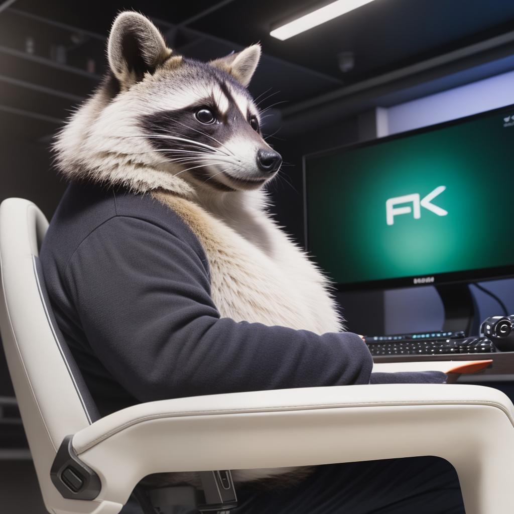  raccoon sitting in gaming chair front a computer on desktop, ((semi anthropomorphic)),(full body), tail, belly, sitting, fat, (chubby), (((white background))), solo, desktop, gaming chair, side view,  [[[clothes]]] hyperrealistic, full body, detailed clothing, highly detailed, cinematic lighting, stunningly beautiful, intricate, sharp focus, f/1. 8, 85mm, (centered image composition), (professionally color graded), ((bright soft diffused light)), volumetric fog, trending on instagram, trending on tumblr, HDR 4K, 8K