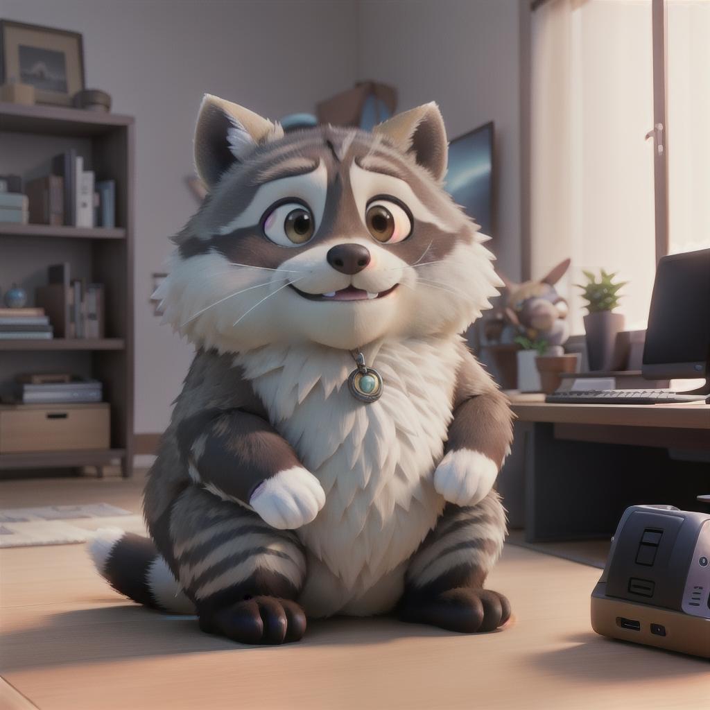  raccoon sitting in gaming chair front a computer on desktop, ((semi anthropomorphic)),(full body), tail, belly, sitting, fat, (chubby), (((white background))), solo, desktop, gaming chair, side view,  [[[clothes]]] hyperrealistic, full body, detailed clothing, highly detailed, cinematic lighting, stunningly beautiful, intricate, sharp focus, f/1. 8, 85mm, (centered image composition), (professionally color graded), ((bright soft diffused light)), volumetric fog, trending on instagram, trending on tumblr, HDR 4K, 8K