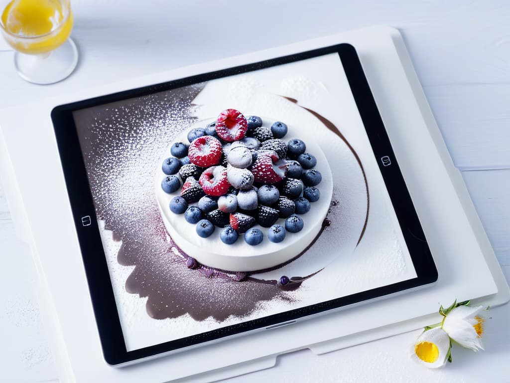  A highresolution, minimalist image featuring an elegantly designed digital cookbook displayed on a sleek tablet, showcasing vibrant and appetizing dessert recipes with creative plating and garnishes. The tablet is resting on a marble countertop, surrounded by scattered vanilla beans, fresh berries, and a dusting of powdered sugar, creating a visually appealing and aspirational scene for the readers interested in creating their own digital recipe book for pastry and baking enthusiasts. hyperrealistic, full body, detailed clothing, highly detailed, cinematic lighting, stunningly beautiful, intricate, sharp focus, f/1. 8, 85mm, (centered image composition), (professionally color graded), ((bright soft diffused light)), volumetric fog, trending on instagram, trending on tumblr, HDR 4K, 8K