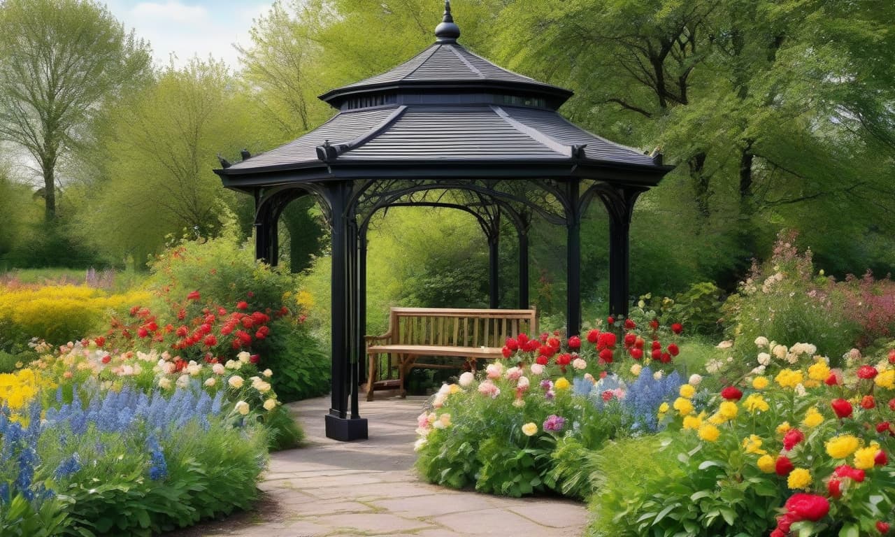  Beautiful twisted arbor wrapped in flowers, sunlight, green plants, black arbor. Summer. field, hyacinths, roses, rosehips, rose hips, peonies, cherry tree, yellow, red, black flowers, forget me nots, black flowers. Small gazebo, no outdoor space. Seats. Nature in the background, spring, delight. Dark green leaves. Luxury, richness. High quality. Gothic style. Alfonso Mucha, Honoré Fargonard. hyperrealistic, full body, detailed clothing, highly detailed, cinematic lighting, stunningly beautiful, intricate, sharp focus, f/1. 8, 85mm, (centered image composition), (professionally color graded), ((bright soft diffused light)), volumetric fog, trending on instagram, trending on tumblr, HDR 4K, 8K