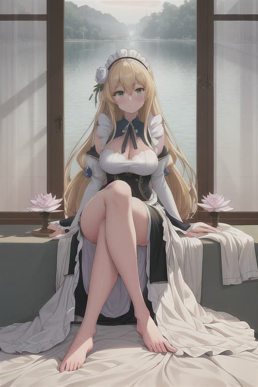  (score 9,score 8 up,score 7 up,),1girl,solo,maid,maid headdress,looking at viewer,outdoor,lake,apron,blonde hair,indoors,green eyes,bare foot,two feet in the water lotus flower sex stunny hyperrealistic, full body, detailed clothing, highly detailed, cinematic lighting, stunningly beautiful, intricate, sharp focus, f/1. 8, 85mm, (centered image composition), (professionally color graded), ((bright soft diffused light)), volumetric fog, trending on instagram, trending on tumblr, HDR 4K, 8K