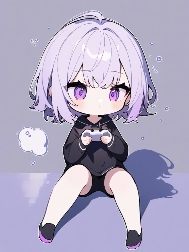  (absurdres,highres,superlative,texture,contrast,top quality),BREAK (solo,girl,kawaii,very cute face,(full body,chibi:1.5)、Light purple hair,purple eyes,cute,girl,medium hair,outside hane,splashed hair,sleepy eyes,holding a game controller in hand,sitting,flat sitting,girl sitting,jersey,black jersey,background like a dot picture, masterpiece, best quality,8k,ultra detailed,high resolution,an extremely delicate and beautiful,hyper detail