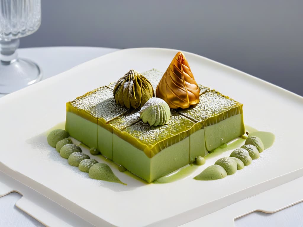  An intricately designed platter showcasing a fusion dessert of traditional Turkish baklava and Japanese matcha green tea ice cream. The dessert is elegantly presented on a sleek, white plate with delicate gold accents, highlighting the contrast between the flaky layers of baklava and the vibrant green hue of the ice cream. The background is a subtle gradient of soft pastel colors, enhancing the minimalistic and sophisticated feel of the image. hyperrealistic, full body, detailed clothing, highly detailed, cinematic lighting, stunningly beautiful, intricate, sharp focus, f/1. 8, 85mm, (centered image composition), (professionally color graded), ((bright soft diffused light)), volumetric fog, trending on instagram, trending on tumblr, HDR 4K, 8K