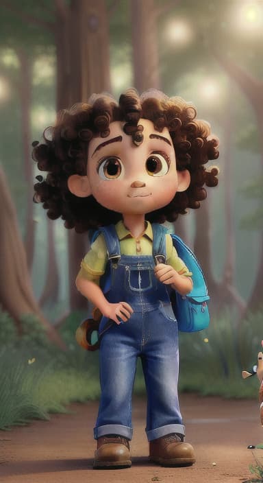  {The tree shining brightly and releasing a gentle, magical light., Riley, a curious with big brown eyes and curly hair, wearing overalls and carrying a small backpack. Their friend, Skye, a bluebird with shiny feathers.