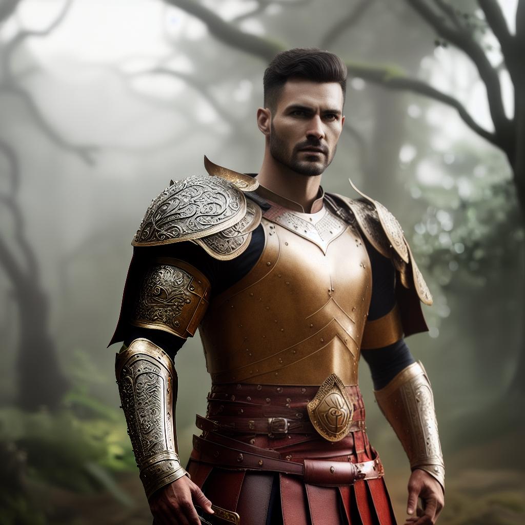  A male young warrior hyperrealistic, full body, detailed clothing, highly detailed, cinematic lighting, stunningly beautiful, intricate, sharp focus, f/1. 8, 85mm, (centered image composition), (professionally color graded), ((bright soft diffused light)), volumetric fog, trending on instagram, trending on tumblr, HDR 4K, 8K