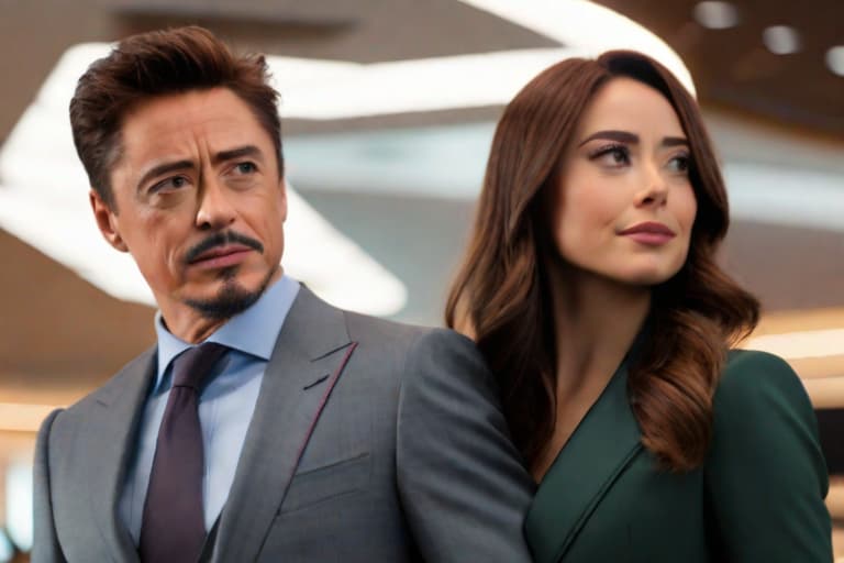  cinematic shot of a powerful couple. man: young tony stark, marvel cinematic universe, human, powerful, happy, smart, optimistic, brave, confident, main character, wearing an expensive suit and woman: young woman, brunette hair, brown eyes, she has a scar on the right cheek, confident, powerful, badass, happy, main character, wearing a feminine suit. mysterious ambiance, fog, cool-toned, dark cyan, radiant purple, and gold flecks, photographed by elsa bleda --s 700, cute, hyper detail, full HD hyperrealistic, full body, detailed clothing, highly detailed, cinematic lighting, stunningly beautiful, intricate, sharp focus, f/1. 8, 85mm, (centered image composition), (professionally color graded), ((bright soft diffused light)), volumetric fog, trending on instagram, trending on tumblr, HDR 4K, 8K