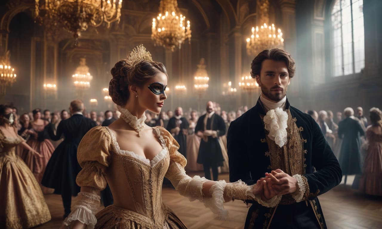  cinematic film still A young couple at a ball in masks whirling to the rhythm of a waltz, Baroque and Renaissance clothes. In a huge hall with high ceilings . The surprised audience applauds them . High detail. High quality. HDR . shallow depth of field, vignette, highly detailed, high budget, bokeh, cinemascope, moody, epic, gorgeous, film grain, grainy hyperrealistic, full body, detailed clothing, highly detailed, cinematic lighting, stunningly beautiful, intricate, sharp focus, f/1. 8, 85mm, (centered image composition), (professionally color graded), ((bright soft diffused light)), volumetric fog, trending on instagram, trending on tumblr, HDR 4K, 8K