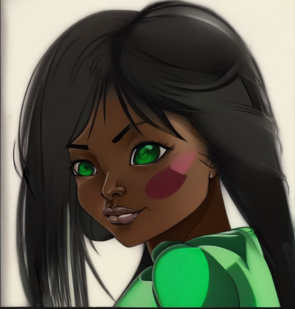  dark skinned kelly hu wearing a green sleeveless dress with green eyes drawn in the style of steven universe