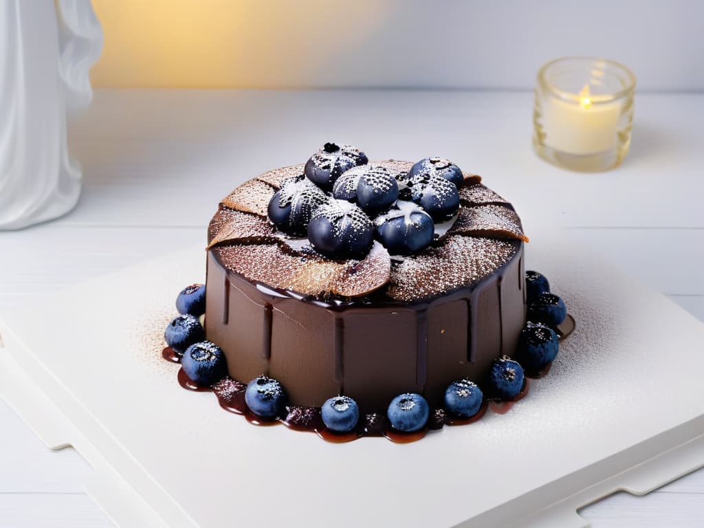  A highresolution, ultradetailed image of a decadent chocolate lava cake topped with vibrant blueberries, dusted with a sprinkle of shimmering gold mineral flakes. The cake is placed on a sleek, modern white plate against a simple, clean backdrop, showcasing the rich colors and textures of the dessert. The golden mineral flakes catch the light, adding a touch of luxury and elegance to the overall composition. hyperrealistic, full body, detailed clothing, highly detailed, cinematic lighting, stunningly beautiful, intricate, sharp focus, f/1. 8, 85mm, (centered image composition), (professionally color graded), ((bright soft diffused light)), volumetric fog, trending on instagram, trending on tumblr, HDR 4K, 8K