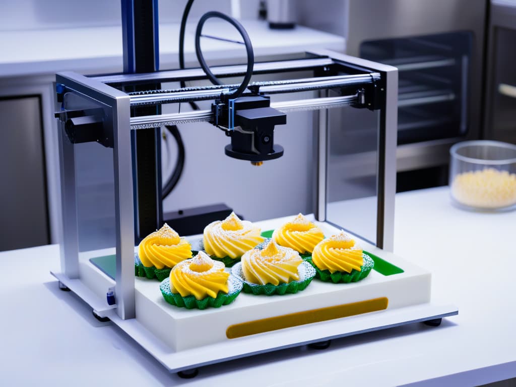  A highresolution, ultradetailed image of a sleek, modern 3D printer creating intricate and sustainable pastry decorations in a professional kitchen setting. The printer is elegantly designed with a minimalist aesthetic, seamlessly blending into the sophisticated surroundings. The vibrant colors and precise details of the edible creations being printed showcase the innovative potential of 3D printing technology in the realm of sustainable pastry artistry. hyperrealistic, full body, detailed clothing, highly detailed, cinematic lighting, stunningly beautiful, intricate, sharp focus, f/1. 8, 85mm, (centered image composition), (professionally color graded), ((bright soft diffused light)), volumetric fog, trending on instagram, trending on tumblr, HDR 4K, 8K