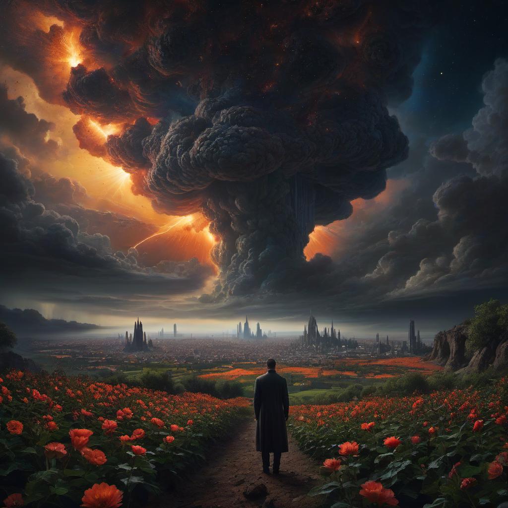  (stylized by Tomasz Alen Kopera:1.3) , dark art, dense flower field and Perseid meteor in background, landscape of a (Barcelona:1.2) , very Bizarre and 1600'S, Hurricane, Glitchcore, Amaro, layered textures, ornate, intricate artistic color, complimentary colors, very inspirational, atmosphere, fine artistic composition, sunny, theatrical hyperrealistic, full body, detailed clothing, highly detailed, cinematic lighting, stunningly beautiful, intricate, sharp focus, f/1. 8, 85mm, (centered image composition), (professionally color graded), ((bright soft diffused light)), volumetric fog, trending on instagram, trending on tumblr, HDR 4K, 8K