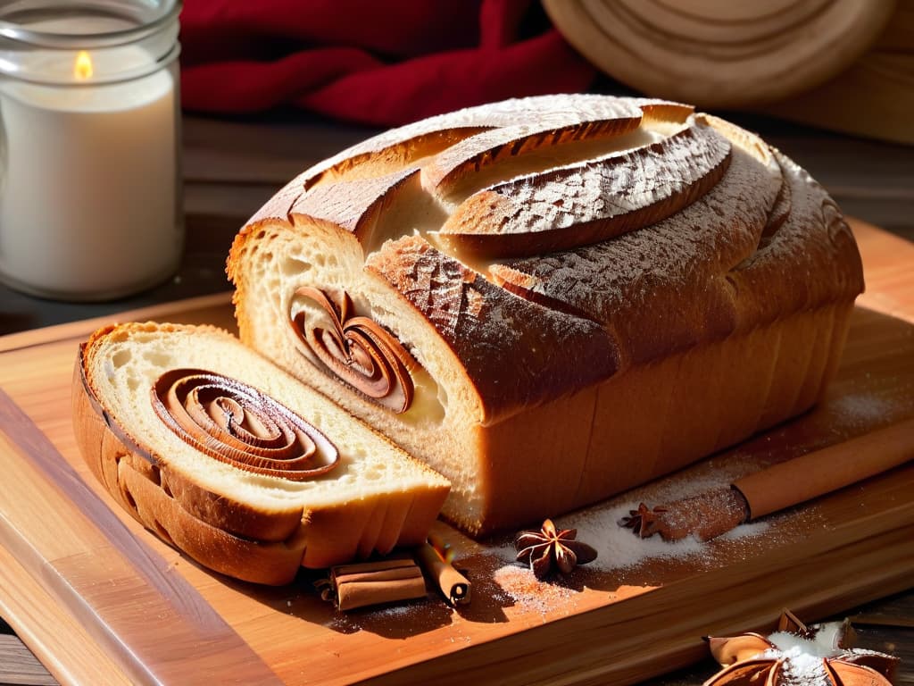  A closeup, ultradetailed image of a perfectly goldenbrown, freshly baked artisanal loaf of bread, with intricate swirls of cinnamon and sugar visible on its surface. The bread is resting on a rustic wooden cutting board, surrounded by scattered flour and a few scattered whole cinnamon sticks. The lighting is soft and warm, creating a cozy and inviting atmosphere. hyperrealistic, full body, detailed clothing, highly detailed, cinematic lighting, stunningly beautiful, intricate, sharp focus, f/1. 8, 85mm, (centered image composition), (professionally color graded), ((bright soft diffused light)), volumetric fog, trending on instagram, trending on tumblr, HDR 4K, 8K