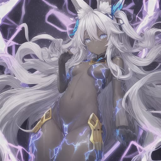  A female archmage, dark skin, tall and with long silver hair, with animal ears instead of human ears. These ears will be large and will be downwards from where the human ears would be, she will have blue eyes and a blue aura. and electric gold around, in the background it will have pink crystals