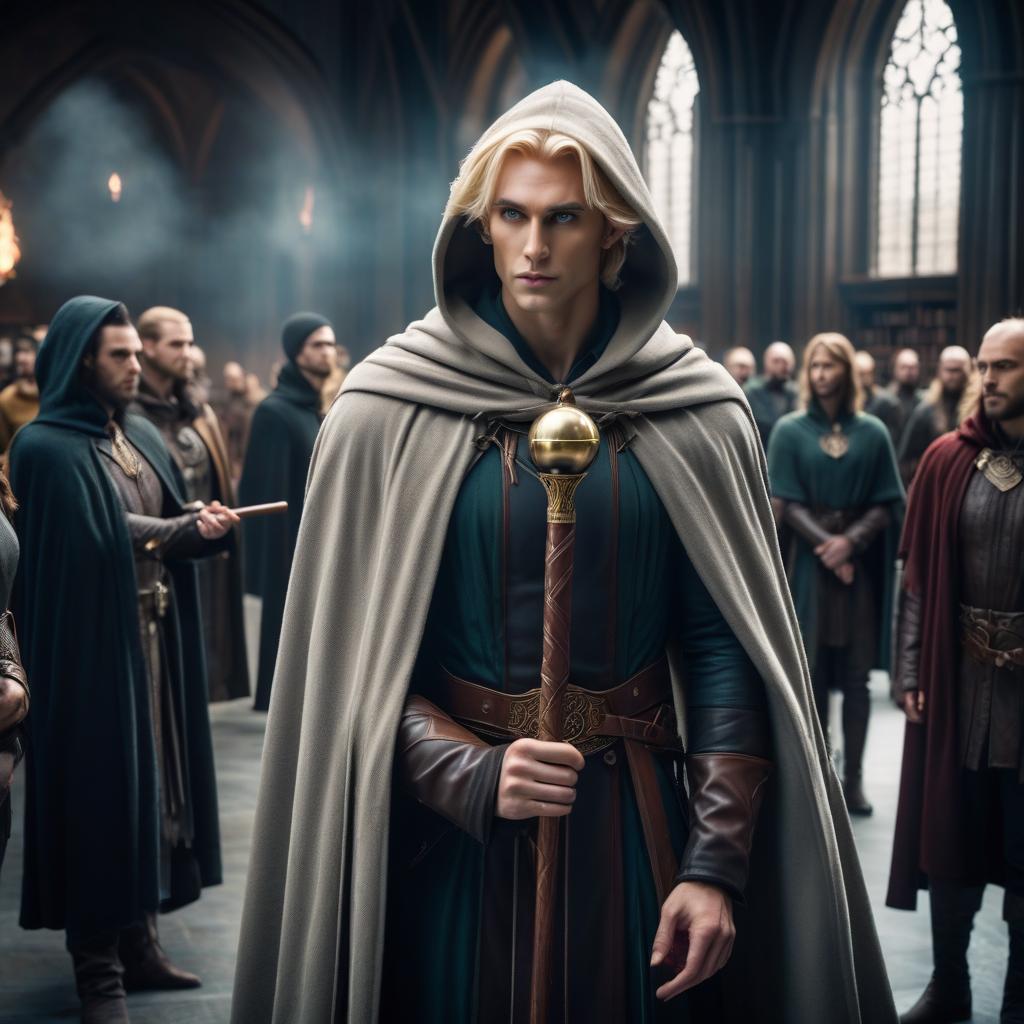  cinematic film still Highest elf, male, blonde hair, refined facial features, in a cloak with a hood, realistic anatomy, DnD style, art, realistic style, HDR, full HD, holding a staff with a sphere shaped cap on top, library in the background, photorealism . shallow depth of field, vignette, highly detailed, high budget, bokeh, cinemascope, moody, epic, gorgeous, film grain, grainy hyperrealistic, full body, detailed clothing, highly detailed, cinematic lighting, stunningly beautiful, intricate, sharp focus, f/1. 8, 85mm, (centered image composition), (professionally color graded), ((bright soft diffused light)), volumetric fog, trending on instagram, trending on tumblr, HDR 4K, 8K