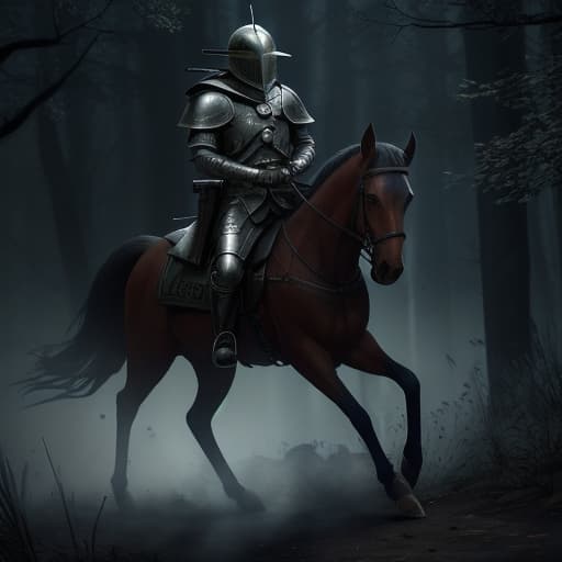  Un soldado con armadura de guerra desgastada dañada sin casco con rostro lastimado montando un caballo de color marrón caminando por un bosque sombrío oscuro ambiente triste y oscuro con cabeza en picada ambiente triste con lluvia llorando Cinematic Quality, High Resolution, Dramatic hyperrealistic, full body, detailed clothing, highly detailed, cinematic lighting, stunningly beautiful, intricate, sharp focus, f/1. 8, 85mm, (centered image composition), (professionally color graded), ((bright soft diffused light)), volumetric fog, trending on instagram, trending on tumblr, HDR 4K, 8K