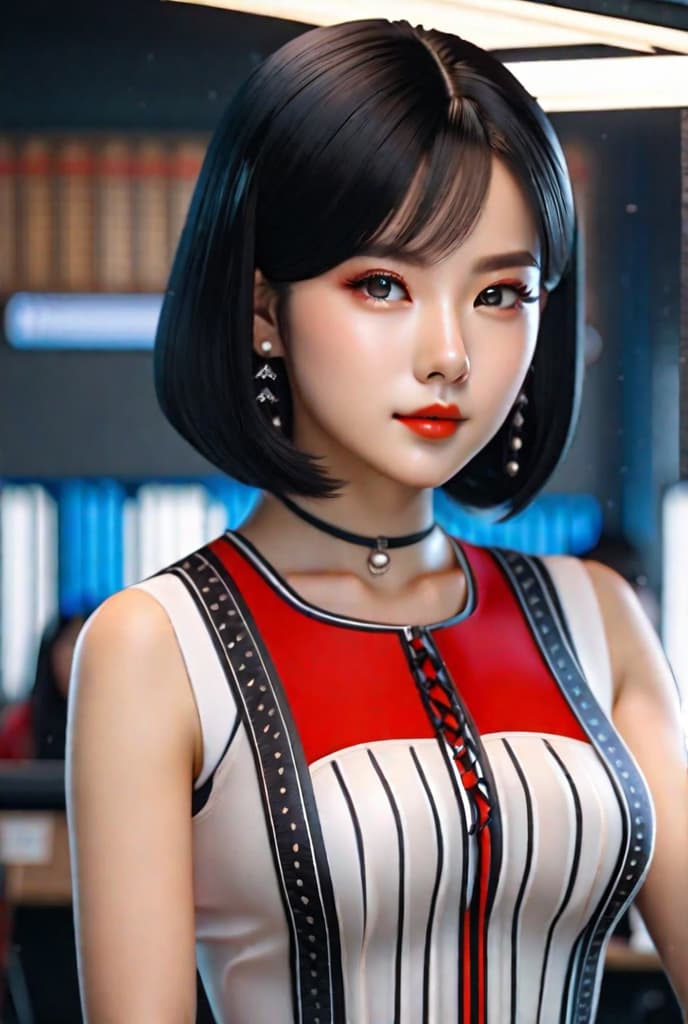  masterpiece, best quality, (fidelity:1.4), best quality, super high resolution, very detailed face, 8k resolution, an asian girl, quiet, white and red skin, thin lips, low-cut translucent top, sleeveless arms, black hair, corset, shorts, classroom