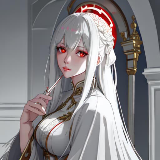  a girl manhua character with white hair and red eyes with white skin wearing noble dress and siting on the throne hyperrealistic, full body, detailed clothing, highly detailed, cinematic lighting, stunningly beautiful, intricate, sharp focus, f/1. 8, 85mm, (centered image composition), (professionally color graded), ((bright soft diffused light)), volumetric fog, trending on instagram, trending on tumblr, HDR 4K, 8K