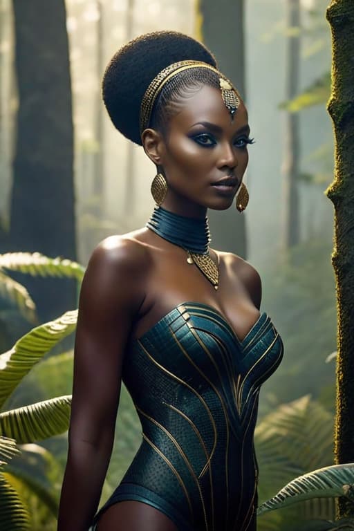  best quality, masterpiece, highres, photorealistic, high quality, volumetric lighting, candid, Photograph, high resolution, nightime, a senegalese women with skin details, fiery african black afro hair, light Aureolin eyes, fantasy, harmonious, determined, foggy old forest, dress like a super heros, beautiful with eyes liner m hyperrealistic, full body, detailed clothing, highly detailed, cinematic lighting, stunningly beautiful, intricate, sharp focus, f/1. 8, 85mm, (centered image composition), (professionally color graded), ((bright soft diffused light)), volumetric fog, trending on instagram, trending on tumblr, HDR 4K, 8K