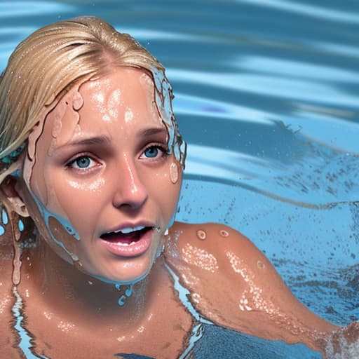  tanned blonde woman's face drowning and sinking in water she's panic