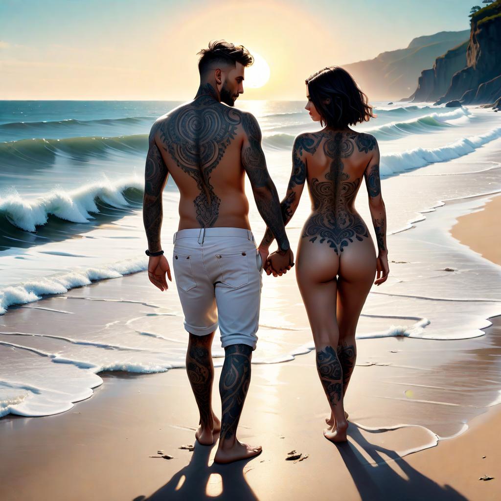  (best quality, masterpiece), (((high detail))), A handsome man with black tattoos and a cascading haircut holds hands with a model who are and they both walk on the beach and he touches her s in front of the sun beating down on them by the sea as the waves touch them and see only the angle of their backs