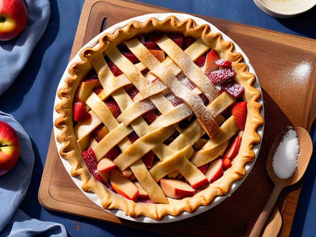  A closeup, ultradetailed image of a perfectly goldenbrown apple pie resting on a rustic wooden table. The lattice crust is meticulously woven, glistening with a light sugar glaze, and steam gently rises from the bubbling, cinnamonspiced fruit filling. Each flake of crust, grain of sugar, and bead of condensation on the pie is captured in stunning clarity, showcasing the artistry and craftsmanship of homemade baking. hyperrealistic, full body, detailed clothing, highly detailed, cinematic lighting, stunningly beautiful, intricate, sharp focus, f/1. 8, 85mm, (centered image composition), (professionally color graded), ((bright soft diffused light)), volumetric fog, trending on instagram, trending on tumblr, HDR 4K, 8K