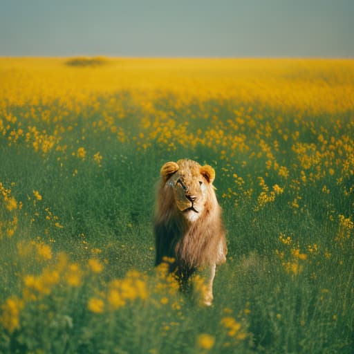 analog style A golden big nice great lion in a field of flowers with yellow eyes. High quality