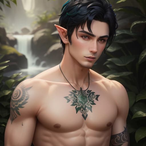  male half-elf with short black hair and green eyes and lots of tattos and has a swimer's build, hyperrealistic, high quality, highly detailed, perfect lighting, intricate, sharp focus, f/1. 8, 85mm, (centered image composition), (professionally color graded), ((bright soft diffused light)), trending on instagram, HDR 4K, 8K