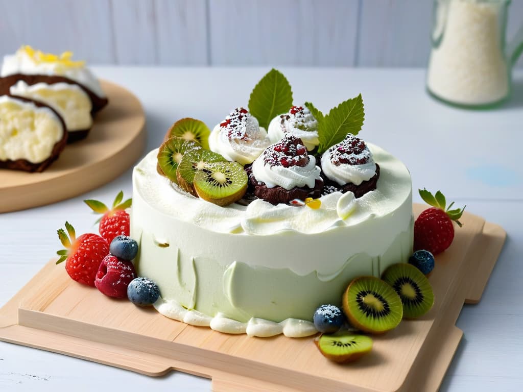  A highresolution, minimalist image featuring a splitscreen presentation of iconic Australian and New Zealand desserts side by side. On the Australian side, a Pavlova adorned with fresh berries and kiwi slices, elegantly presented on a white plate. On the New Zealand side, a delectable Lamington dusted with coconut flakes, resting on a wooden board. The contrasting textures and colors of the desserts create a visually striking and appetizing display, perfect for showcasing the sweet rivalry between these two nations. hyperrealistic, full body, detailed clothing, highly detailed, cinematic lighting, stunningly beautiful, intricate, sharp focus, f/1. 8, 85mm, (centered image composition), (professionally color graded), ((bright soft diffused light)), volumetric fog, trending on instagram, trending on tumblr, HDR 4K, 8K