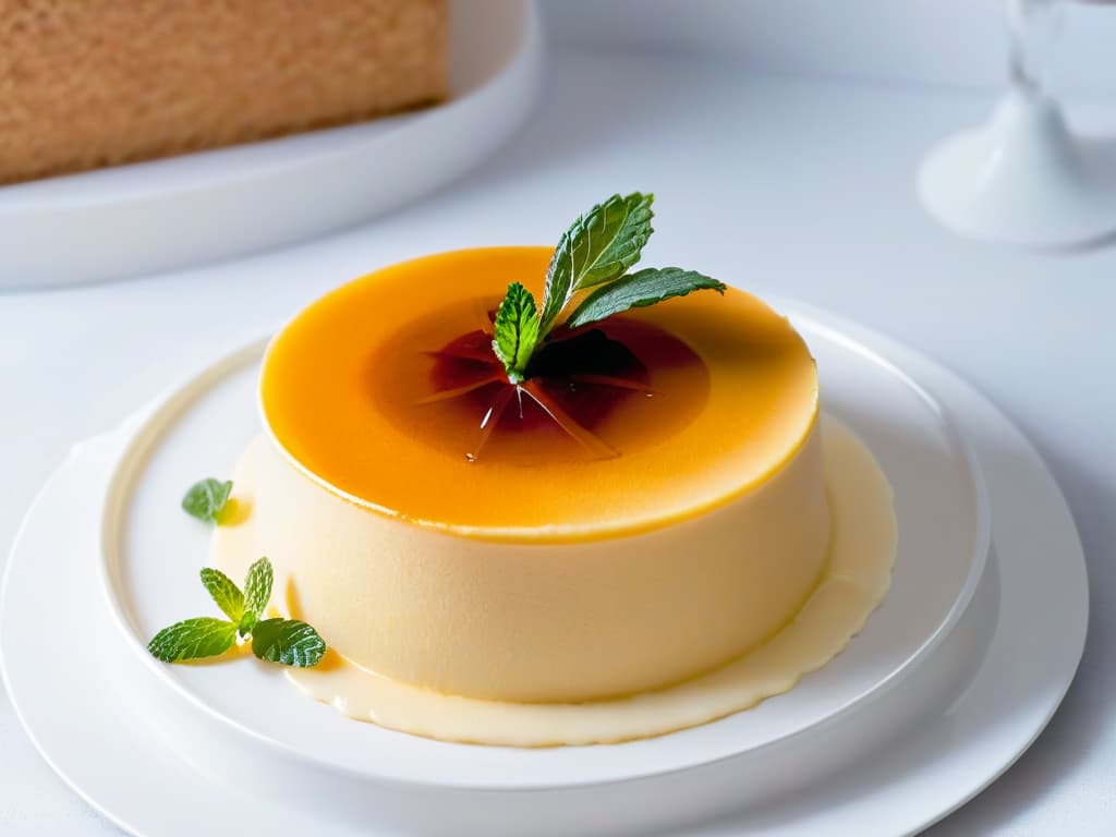  A closeup, ultradetailed image of a perfectly smooth and creamy vanilla flan placed on a simple, elegant white plate, garnished with a delicate mint leaf for a pop of color. The flan is subtly dusted with a sprinkle of cinnamon, showcasing the rich texture and glossy finish of the dessert. The lighting is soft, casting a gentle shadow beneath the plate, emphasizing the minimalist and sophisticated presentation of this lowcalorie vanilla flan. hyperrealistic, full body, detailed clothing, highly detailed, cinematic lighting, stunningly beautiful, intricate, sharp focus, f/1. 8, 85mm, (centered image composition), (professionally color graded), ((bright soft diffused light)), volumetric fog, trending on instagram, trending on tumblr, HDR 4K, 8K