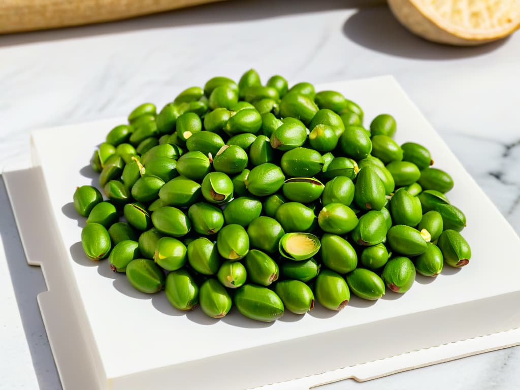  A highly detailed closeup image of a stack of vibrant green Iranian pistachios arranged meticulously on a sleek, modern marble surface. The nuts are perfectly shelled, showcasing their rich emerald hue and natural texture. Light delicately plays off the ridges and crevices of the pistachios, highlighting their freshness and premium quality. The background is softly blurred to keep the focus solely on the exquisite Iranian pistachios, evoking a sense of luxury and sophistication. hyperrealistic, full body, detailed clothing, highly detailed, cinematic lighting, stunningly beautiful, intricate, sharp focus, f/1. 8, 85mm, (centered image composition), (professionally color graded), ((bright soft diffused light)), volumetric fog, trending on instagram, trending on tumblr, HDR 4K, 8K