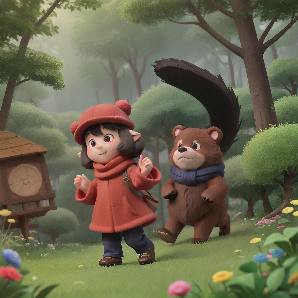  In a beautiful forest lives a cute bear named Feifei. Feifei has brown fur, black nose, round ears and bright eyes. He wears a red scarf and a blue hat. He likes to explore the forest and play with his friends.