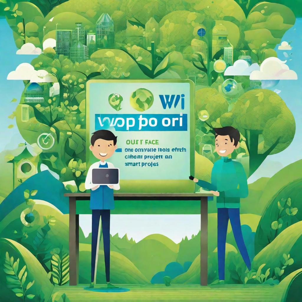  masterpiece, best quality,Background design: fresh green and blue gradient, representing harmony between nature and society. Core image design: a young man organizes an online environmental campaign through the network of Wopi. He uses smart devices to showcase his environmental projects, and the screen displays the slogan "cheer for the earth". The person faces left