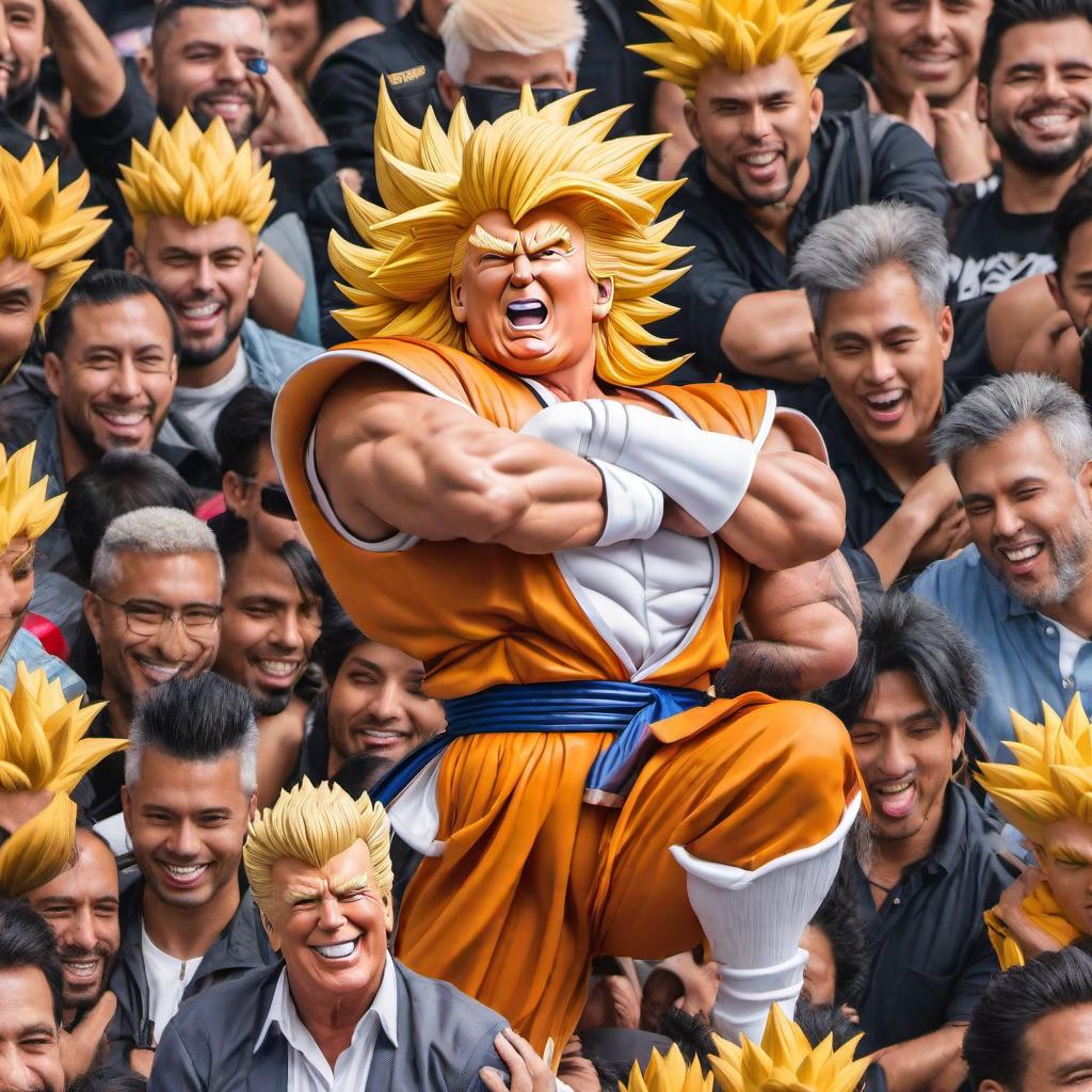  /hiresai Donald trump with saiyan hair hyperrealistic, full body, detailed clothing, highly detailed, cinematic lighting, stunningly beautiful, intricate, sharp focus, f/1. 8, 85mm, (centered image composition), (professionally color graded), ((bright soft diffused light)), volumetric fog, trending on instagram, trending on tumblr, HDR 4K, 8K