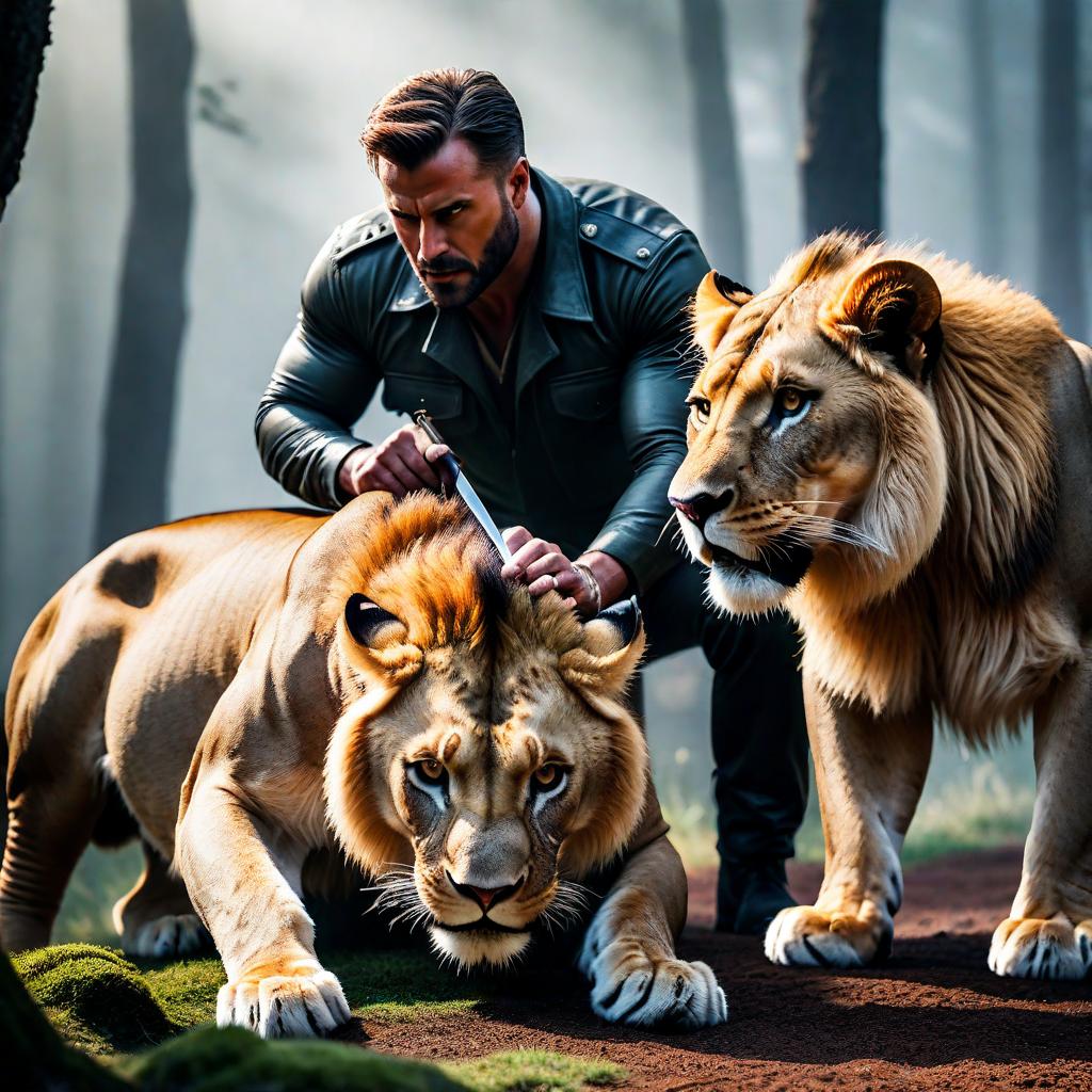  I guy who is stabbing a lion. hyperrealistic, full body, detailed clothing, highly detailed, cinematic lighting, stunningly beautiful, intricate, sharp focus, f/1. 8, 85mm, (centered image composition), (professionally color graded), ((bright soft diffused light)), volumetric fog, trending on instagram, trending on tumblr, HDR 4K, 8K