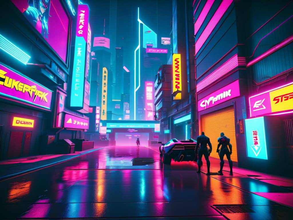  cyberpunk cityscape City of Night in the game Cyberpunk 2077 is detailed in 4K resolution. . neon lights, dark alleys, skyscrapers, futuristic, vibrant colors, high contrast, highly detailed