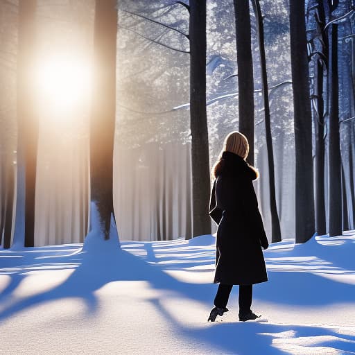 mdjrny-v4 style Create a hyper-realistic image, akin to a high-resolution photograph, capturing a serene and quiet scene of a woman walking in a snowy forest. The environment should be tranquil, with tall, snow-covered trees surrounding a narrow path. The focus is on the woman, who is strolling peacefully, wrapped in warm winter clothing. The light mood is emphasized by the gentle sun rays breaking through the treetops, casting a soft glow and creating intricate patterns of light and shadow on the snow-covered ground. The overall ambiance should convey a sense of calm and quietude, with the woman appearing relaxed and content in her solitary walk through this winter wonderland.