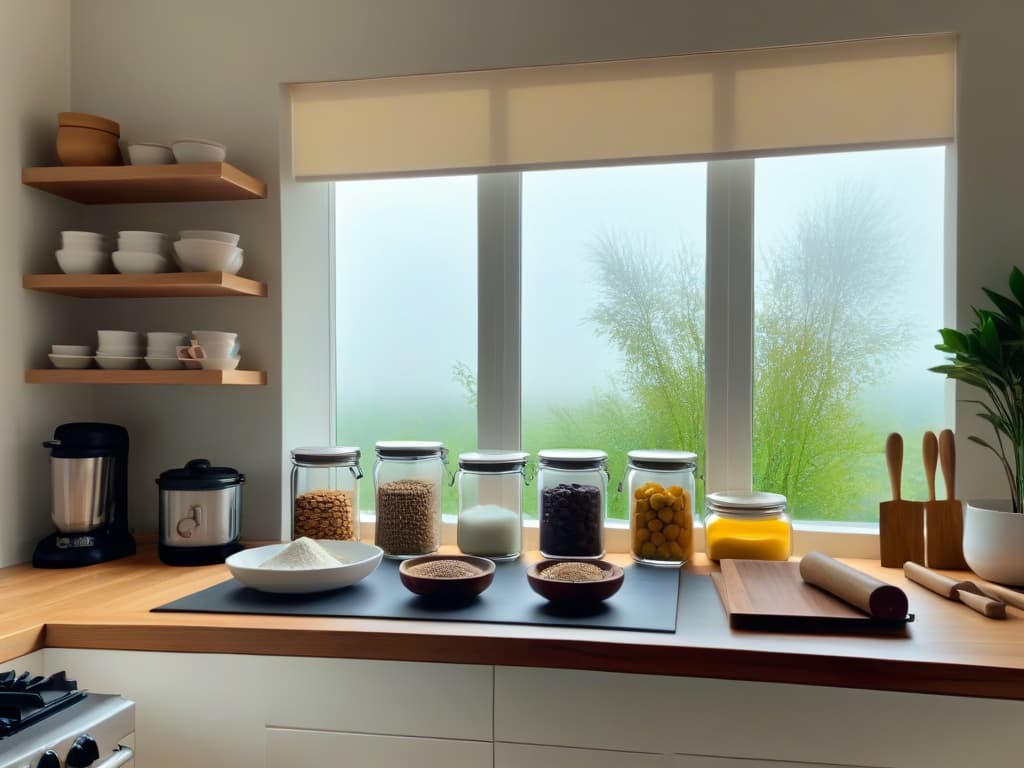  An ultradetailed image of a modern, sleek kitchen filled with an array of ecofriendly baking tools and ingredients neatly organized on a pristine marble countertop. The image showcases a variety of sustainable practices in baking, such as reusable silicone baking mats, glass jars filled with locally sourced organic flour and sugar, and a collection of bamboo utensils. The soft, natural light filtering through the window highlights the elegance and simplicity of sustainable baking practices, inspiring readers to adopt similar ecoconscious techniques in their own kitchens. hyperrealistic, full body, detailed clothing, highly detailed, cinematic lighting, stunningly beautiful, intricate, sharp focus, f/1. 8, 85mm, (centered image composition), (professionally color graded), ((bright soft diffused light)), volumetric fog, trending on instagram, trending on tumblr, HDR 4K, 8K