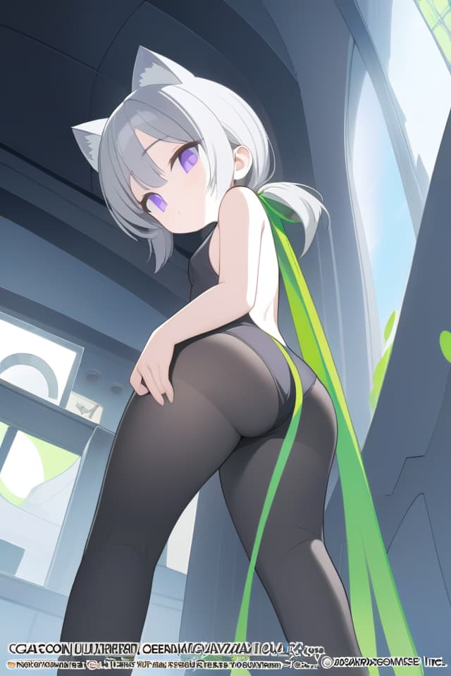  (Silver Color Low Ponytail: 1.2), BREAK, ((Cats Ear: 1.2, Put A Big Green Color Ribbon on The Head: 1.4)), (Purple Eyes, JITOME: 1.4) ((Black ONE PIECE: 1.6), BLACK TIGHTS, FROM BELOW, LOOKING BACK, (Absurdres, masterpieces, ultimate quality), official art, aesthetic, (diffusion lighting, environmental lighting), detailed skin textures, best shadows, Very detailed, colorful, 8K Wallpaper, Raw Photoristic Detailed, Dutch Angle, 💩, 💩,