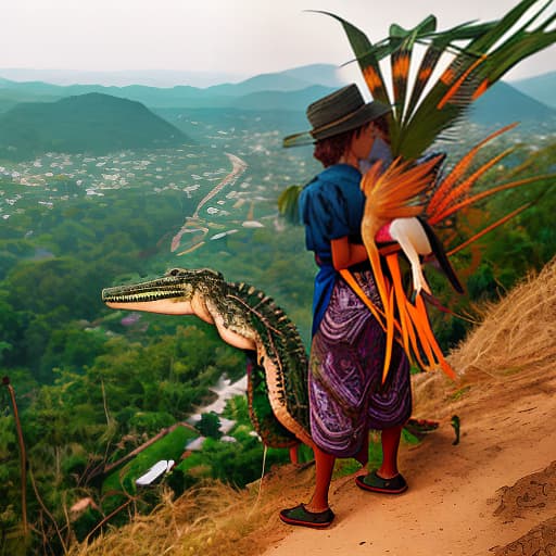  crocodile man carry bird of paradise woman on a hill side looking down at valley .