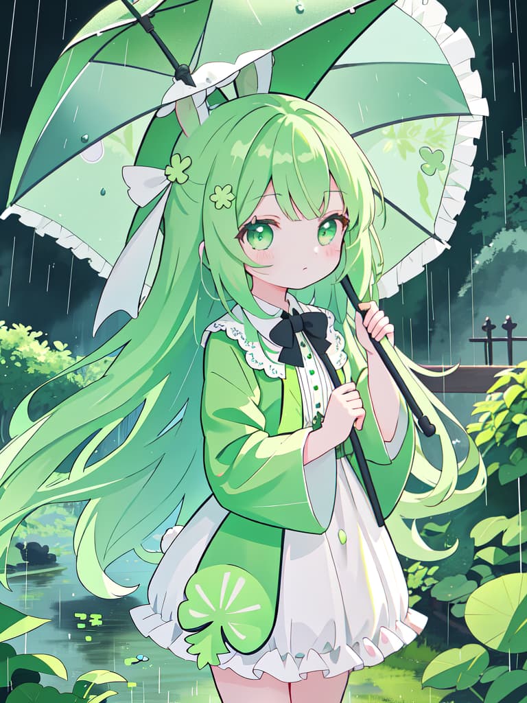  Girls, green hair, long hair, four leaf clover, umbrellas, rain, young, looking for, outside, rabbit ears, masterpiece, best quality,8k,ultra detailed,high resolution,an extremely delicate and beautiful,hyper detail