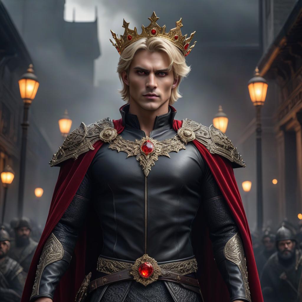  The king of darkness, young, fair skinned, blond, short hair, red eyes, crown on his head. hyperrealistic, full body, detailed clothing, highly detailed, cinematic lighting, stunningly beautiful, intricate, sharp focus, f/1. 8, 85mm, (centered image composition), (professionally color graded), ((bright soft diffused light)), volumetric fog, trending on instagram, trending on tumblr, HDR 4K, 8K