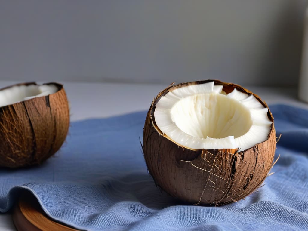  A closeup, ultradetailed image of a single coconut with its outer husk partially removed, revealing the textured, fibrous shell underneath. The focus is on the intricate patterns and natural imperfections of the coconut shell, highlighting its organic and unprocessed qualities. The lighting is soft, casting gentle shadows to enhance the depth and richness of the image, creating a visually captivating and minimalistic composition that perfectly complements the informative tone of the article on the health benefits of coconut sugar. hyperrealistic, full body, detailed clothing, highly detailed, cinematic lighting, stunningly beautiful, intricate, sharp focus, f/1. 8, 85mm, (centered image composition), (professionally color graded), ((bright soft diffused light)), volumetric fog, trending on instagram, trending on tumblr, HDR 4K, 8K