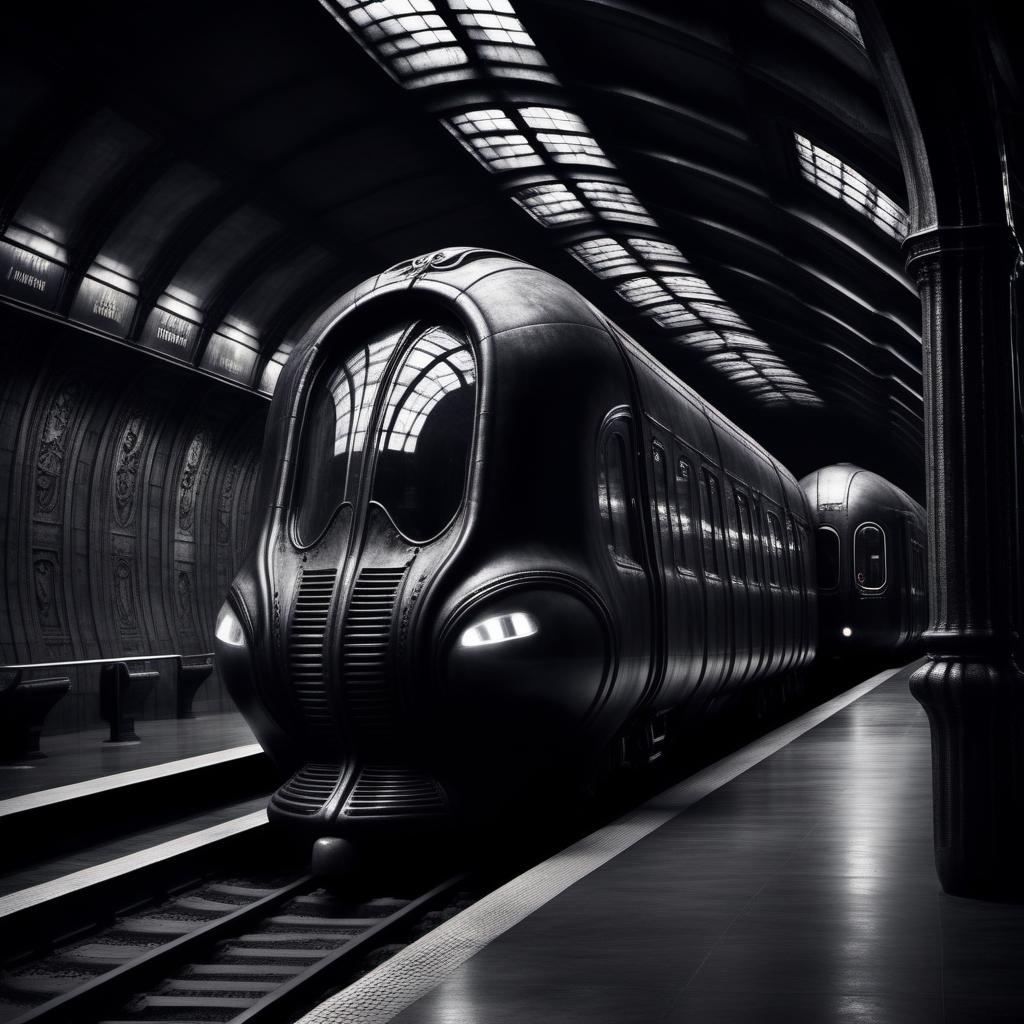  macabre style (((a lingam-shaped train arrives at a metro station, Giger style))), gloomy, monochrome . dark, gothic, grim, haunting, highly detailed